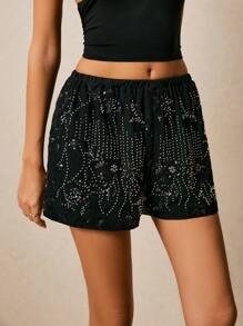 Poéselle Quần short thời trang rộng rãi cạp chun thiết kế chắp vá sequin dành cho nữ - màu đen - Xem 4