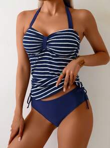 SHEIN Swim Conjunto de bikini y camisola de mujer conservador, de tela texturizada, con tirantes anchos y tirantes finos de color azul marino, para la playa o resort - Azul Marino - Ver 2