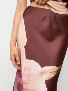 AiiRZ Long Evening Occasion Maxi Skirt Floral Print Satin Bridesmaid Wedding Holiday Party Formal Wear - Brown - View 4