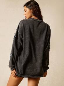 Easelle Sweatshirt Wanita Motif Rave Festival Retro dengan Bordir Patch Bintang Lima dan Bahan Water Washed, Kaos Lengan Panjang Kasual - Hitam - View 8