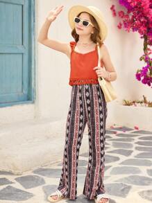 SHEIN Set da 2 pezzi da ragazza tween, stile boho retrò, top a maglia smanicato con frange e pantaloni larghi a gamba larga, adatto per vacanze estive e tempo libero - Multicolore - Visualizzare 1