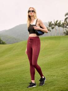 Leggings deportivos minimalistas de cintura con cordón de color liso