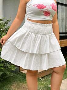 SHEIN EZwear Plus Size Women's Summer White Ruffled Layered Woven Fabric Elastic Waist Ruffle Trim High Waist A-Line Short Skirt - White - View 6