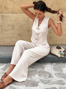 Serisse 2件套女士条纹印花V领吊带背心和长裤休闲套装 - 杏色 - 查看 1