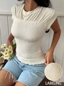 SHEIN EZwear Summer Vacation Beach T-Shirt Textured Round Neck Fitted Apricot Color - Apricot - View 5