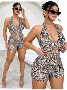 SHEIN SXY Sexy Leopard Print Hollow-Out Clubwear Slim Fit Romper,Summer Outfits For Women,Y2k,Cheetah Print,Club Outfits Women Sexy,Going Out ,Rompers For Women Summer,Streetwear Women - Multicolor - View 1