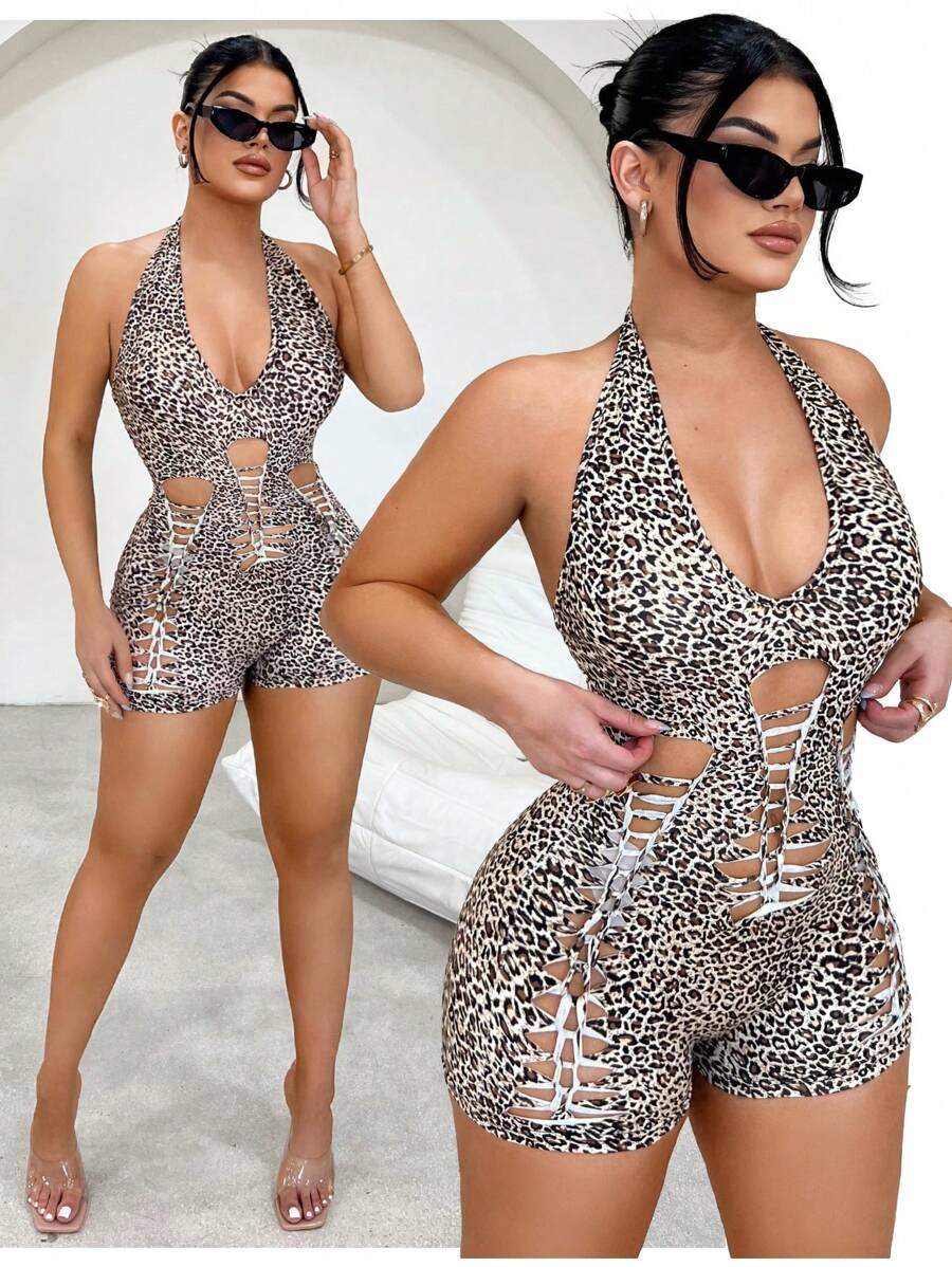 SHEIN SXY Sexy Leopard Print Hollow-Out Clubwear Slim Fit Romper,Summer Outfits For Women,Y2k,Cheetah Print,Club Outfits Women Sexy,Going Out ,Rompers For Women Summer,Streetwear Women - Multicolor - View 1