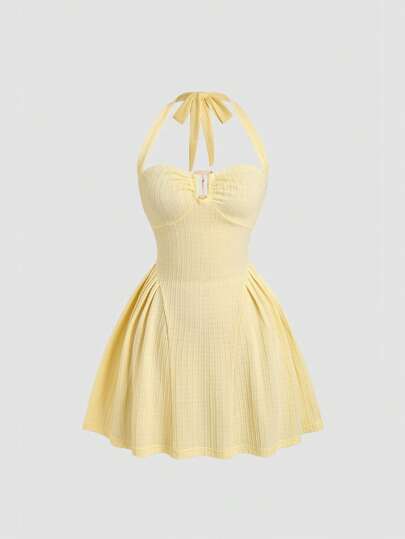 Sweetra Women's Romantic Girlish Halter Neckline Front Button Decor Cinched Waist Side Split Short Dress, Plain Textured