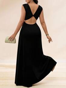 Cravure Plus Size Women's Solid Color Off Shoulder Bodycon Dress, Backless, Elegant For Spring/Summer Party, Suitable For Tall And Slim Appearance - Black - View 6