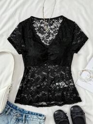 SHEIN TONÅRSFLICKA Svart söt spetsblus med V-ringning, halvtransparent spets, akademisk stil, elegant kortärmad spetstopp