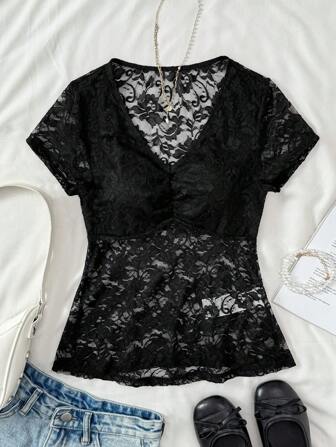 SHEIN TEEN GIRL Black Cute Lace V-Neck Semi-Sheer Lace Blouse, Academic Style, Elegant Short Sleeve Lace Top Teen Girl Tops Teen Girls Blouses Blouse For Teen Girls Baby Doll Tops For Women Girls Lace Top Baby Doll Top For Women