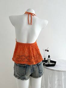 Elamini Áo yếm hở lưng dệt kim nhẹ màu cam dành cho nữ khi đi nghỉ - trái cam - Xem 2