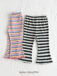Cozy Pixies 2 pièces Ensemble de pantalons évasés à taille élastique à rayures colorées pour bébé fille, polyvalent et confortable