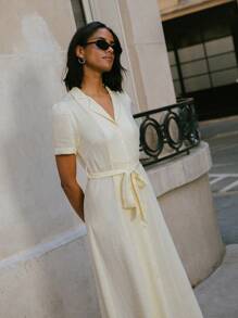 lacRébo Vestido midi con botones delanteros y cintura anudada en color amarillo mantequilla, atuendo de oficina para mujeres, vestido de maestra, vestido de oficina, vestido de otoño - Amarillo claro - Ver 1