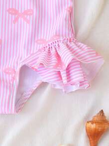 SHEIN Baby Girl Cute Bow Pattern Printed Double Layer Ruffle One-Piece Swimsuit, Pink Striped,Perfect For Summer Beach Vacations