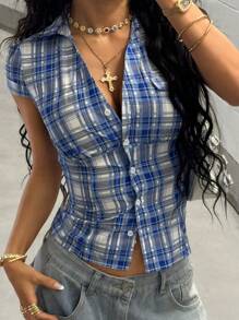 StreetHx Blue Plaid Cap Sleeve Fitted Shirt For Women