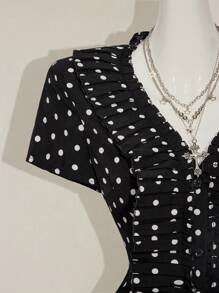 SHEIN ICON Black & White Polka Dot Top Pattern Pleated Decoration Women Blouse - Black and White - View 7
