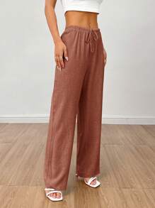 SHEIN PETITE Women's Linen High Waisted Summer Baggy Pants,Fall Women Clothes - Rust Brown - View 7