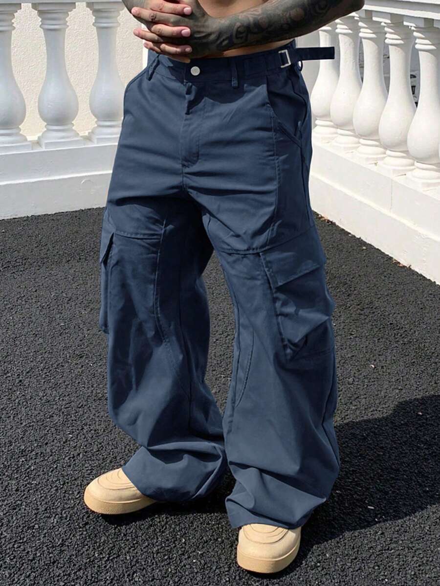 Manfinity Homme Pantalones cargo casuales de corte recto y holgado para hombre, de unicolor con múltiples bolsillos, para otoño - Azul Marino - Ver 1