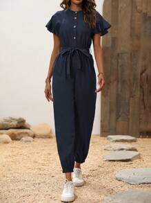Chiquease Women's Summer Solid Color Single-Breasted Round Neck Ruffle Short Sleeve Casual Jumpsuit