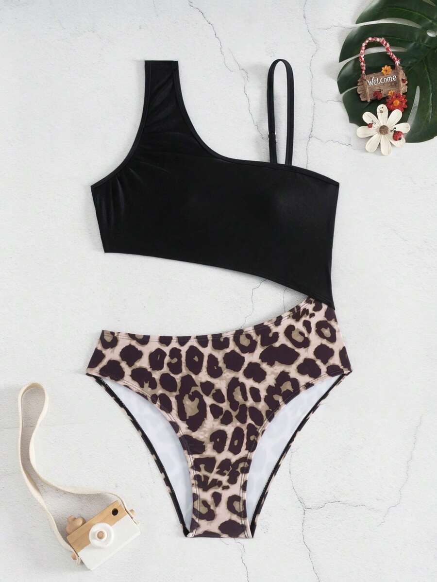 Tween Girls One-Piece Swimsuit With Leopard Print Contrast Color Asymmetrical Neckline, Hollow-Out Design, Fashionable European & American Style For Beach Vacation, Summer Young Girls Sets Bathing Suit Tops For Teens Bathing Suits For Teens Teen Girls Bikini Sets Bathing Suits For Teens Sets Swimming Suits For Teens Girls - Multicolor - View 1