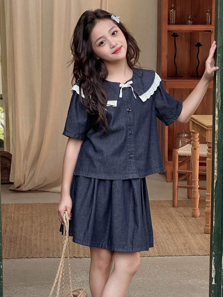 DAZY 2pcs/Set Tween Girl Collared Short Sleeve Denim Top + Skirt Set, Summer, Back To School Clothes