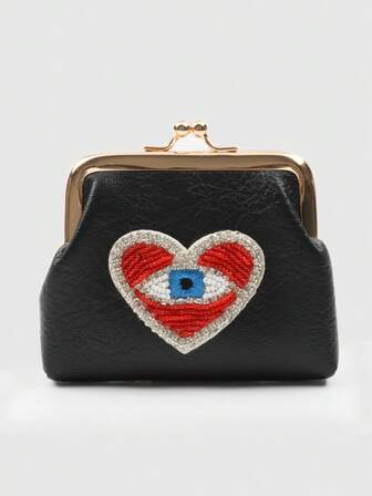 Goth 1 pieza Billetera corta de estilo gótico con ojo azul y corazón rojo hecha de PU con cuentas para mujeres