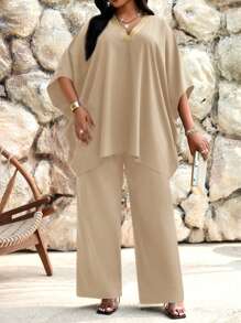 SHEIN Lady Spring And Summer Elegant Commuting Office Casual Boho Khaki Woven V Neck Batwing Sleeve Tape Ruffle Neck Long Short Sleeve Plus Size Co-Ords,Two Piece Set Women - Khaki - View 4