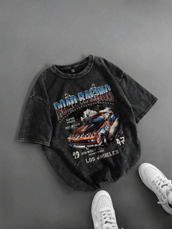Kids Young Boy Casual Versatile And Comfortable Racing Letter Print Pattern Round Neck Pullover Loose Short Sleeved Knitted T-Shirt Suitable For Commuting To School, Daily Leisure Vacation Travel, Suitable For Sports, Suitable For Spring And Summer Festivals