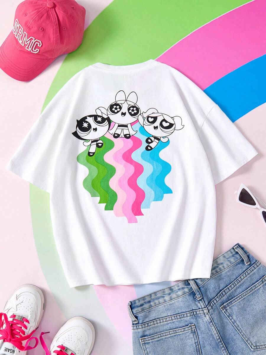 THE POWERPUFF GIRLS X SHEIN Tween Girl Summer Cartoon Graphic Round Neck Short Sleeve T-Shirt - White - View 1