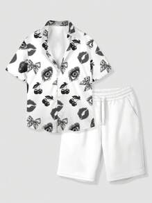 Manfinity Dauomo Men's Full Print Casual Open Button Short Sleeve Shirt Set - Multicolor - View 3