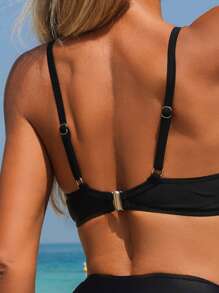 Swim Lushoire 2 Stücke Damen Sommer Strand Mesh Verbund Push-up Drahtlos Verstellbare Schulterträger High Waist Bikini Set - Schwarz - Übersicht 5