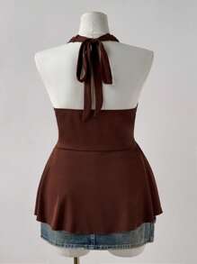 Sunspun 大码女式褶皱 V 领系腰 A 字形花卉印花休闲优雅复古撞色吊带背心 - 咖啡棕 - 查看 2