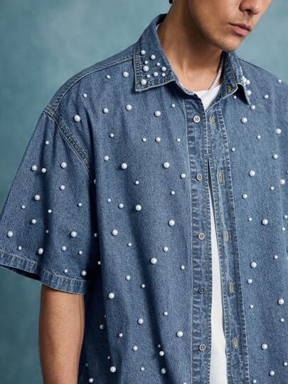 Street Life Men's Street Life Casual Distressed Rivet Decorative Denim Shirt