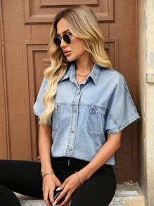 EMERY ROSE Women's Casual Front Button Short Sleeve Denim Shirt, Summer - Blue - View 5