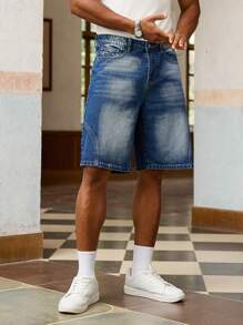 Manfinity EMRG Men's Casual Multi-Pocket 5-Inch  Splicing Denim Shorts - Medium Wash - View 4