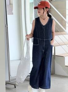DAZY 青少年女孩牛仔背带裤和连体裤，秋季服装，返校服装 - 深色水洗藍 - 查看 2