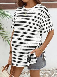 SHEIN 孕妇条纹圆领落肩休闲宽松T恤，夏季 - 黑與白 - 查看 1
