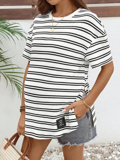 SHEIN 孕妇条纹圆领落肩休闲宽松T恤，夏季