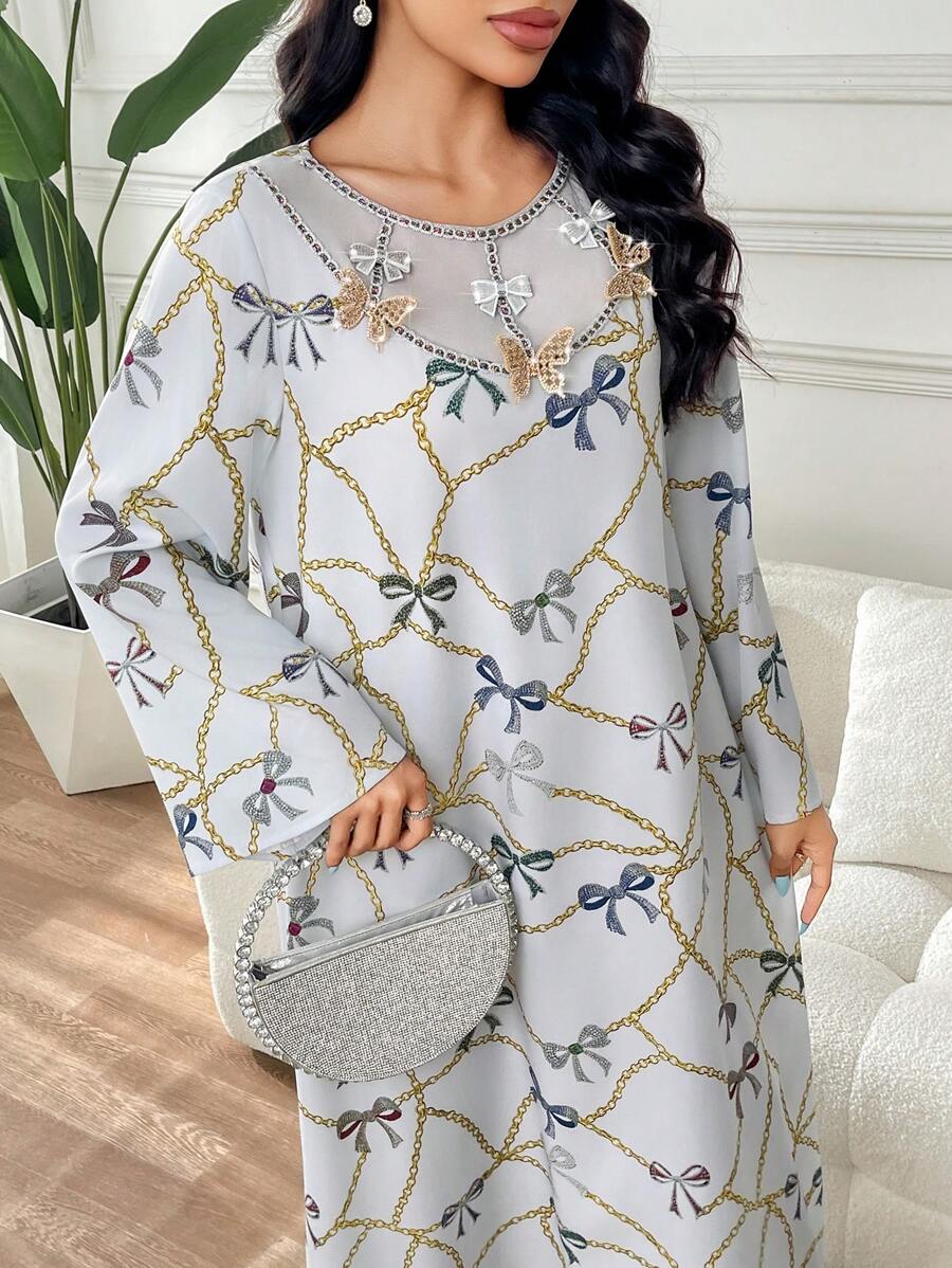 Yasmyna 女士圆领蝴蝶印花喇叭袖土耳其/阿拉伯长袍，朴素的卡夫坦 - 彩色 - 查看 1