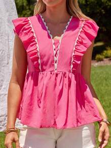 SHEIN VCAY Plus Size V-Neck Patchwork Ruffle Trim Flutter Sleeve A-Line Casual Resort Top Blouse, Cute Fuchsia Top Vacation Woman Vacay Beach Holiday Summer City Break Boho Chic Boho Style European Summer Island Vacation Honeymoon Birthday Old Money South Beach Santorini Greece Amalfi Coast Ibiza Island Girl Plus Brunch Airport Club Teacher Western Western Wear Women Plus Cute Top - Hot Pink - View 3