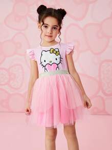 HELLO KITTY AND FRIENDS | SHEIN Young Girl Cartoon & Heart Pattern Pink Mesh Short Sleeve Cute Summer Holiday Princess Dress