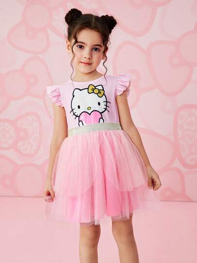 HELLO KITTY AND FRIENDS | SHEIN 少女卡通心形图案粉色网眼短袖可爱夏日度假公主裙