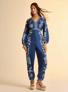 CAJUNI Monos de pantalón harén con cuello en V, manga larga y espalda abierta con estampado floral y de plantas tropical azul bohemio para vacaciones de mujer - Multicolor - Ver 3