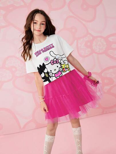 HELLO KITTY AND FRIENDS | SHEIN Tween Girl Cartoon Graphic White Casual T-Shirt And Pink Mesh Tutu Skirt 2pcs Outfit Set