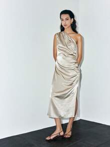 SHEIN LUNE Vestido largo de mujer con volantes asimétricos de unicolor elegante - Caqui - Ver 3
