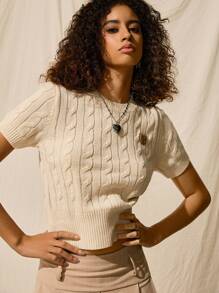 Easelle Cartoon Patched Detail Cable Knit Round Neck Short Sleeve Summer Top - Beige - View 5