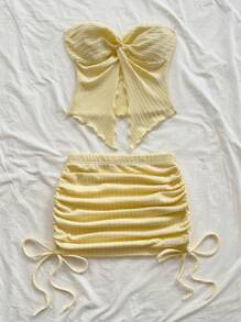 Soleia Women's Beach Holiday Yellow Knitted Texture Bandeau Top With Twist Design And Ruched Drawstring Mini Skirt Set, Suitable For Party, Date, Afternoon Tea, Beach - Yellow - View 5