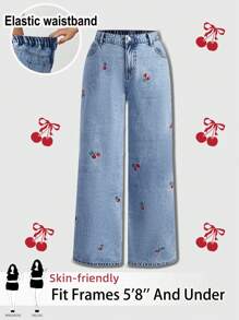 SHEIN Tall CURVE 女式加大码樱桃刺绣蓝色阔腿直筒牛仔裤 7 月 4 日暑假牛仔女装西部装 女士商务休闲装 女士节日机场毕业装 伊比沙岛海滩夏威夷音乐会巡航装 波西米亚风毕业装 高腰牛仔裤 宽松牛仔裤 2000 年代 - 藍色 - 查看 6