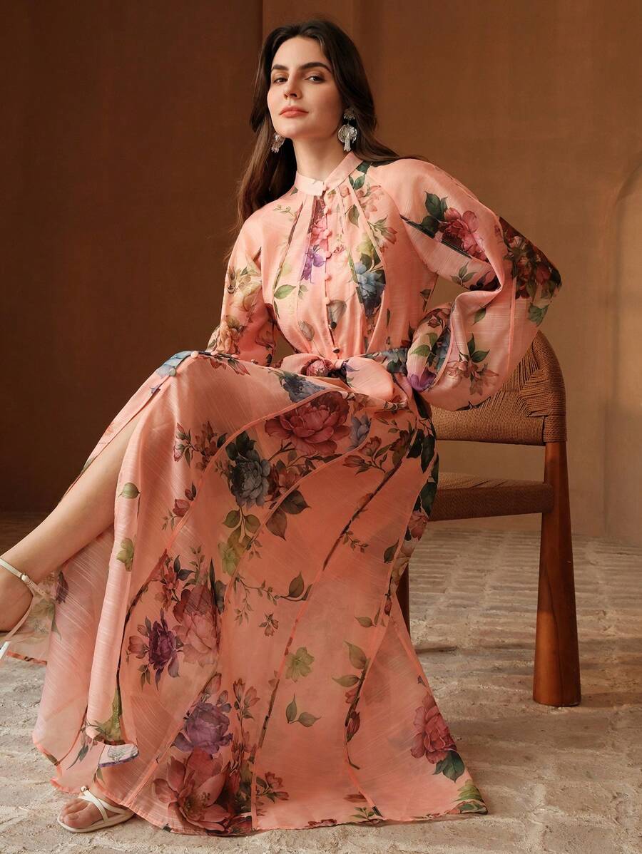 春季、夏季、优雅、度假、约会之夜、花卉 Anewsta 女士度假花卉印花灯笼袖优雅连衣裙 - 藕粉色 - 查看 1